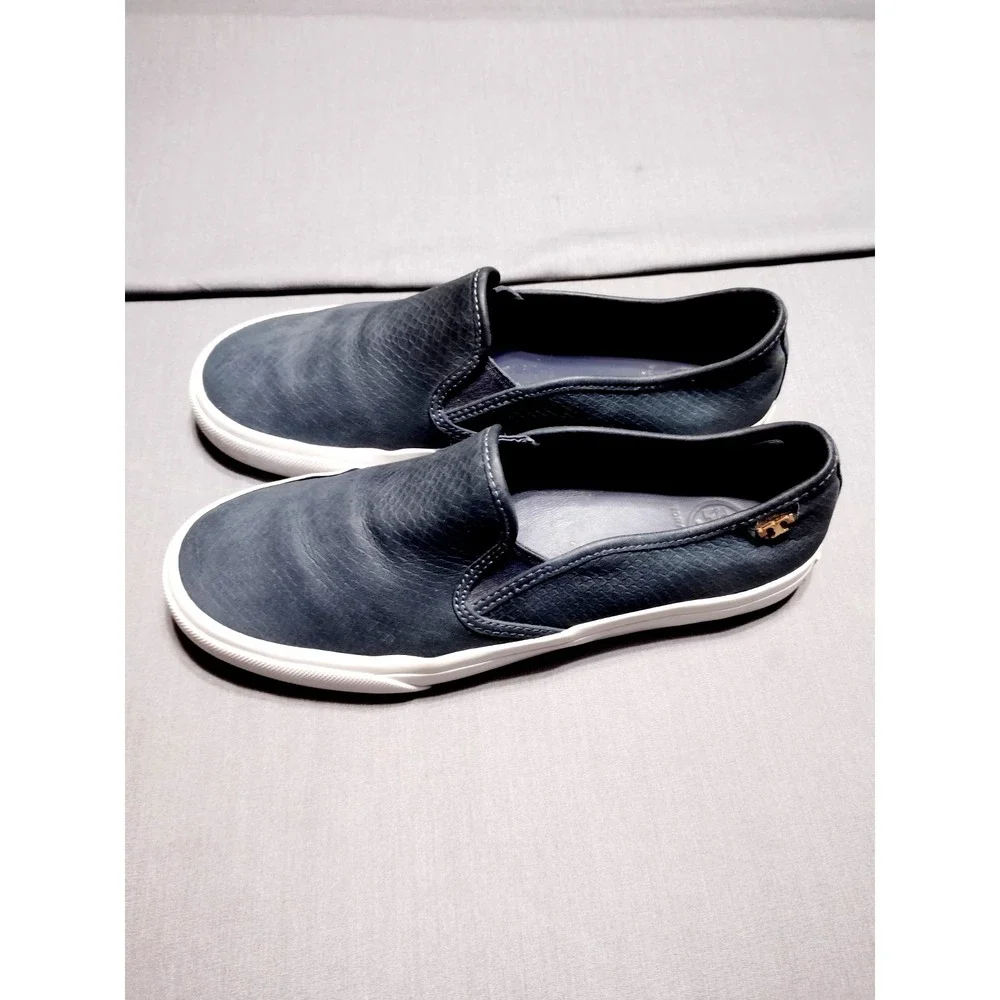 EUC Tory Burch Floyd Snakeskin Embossed Women 8 Blue Slip On Boho Sneakers Shoes